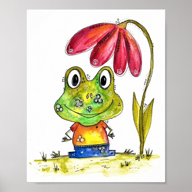 Niedlicher Whimsical Green Frosch unter einer rote Poster (Vorne)