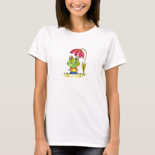 Niedlicher Whimsical Green Frosch unter einer rote T-Shirt