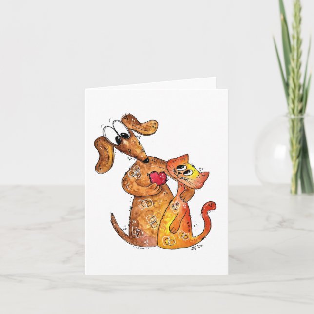 Niedlicher Whimsical Hund und Katze Karte (Vorderseite)
