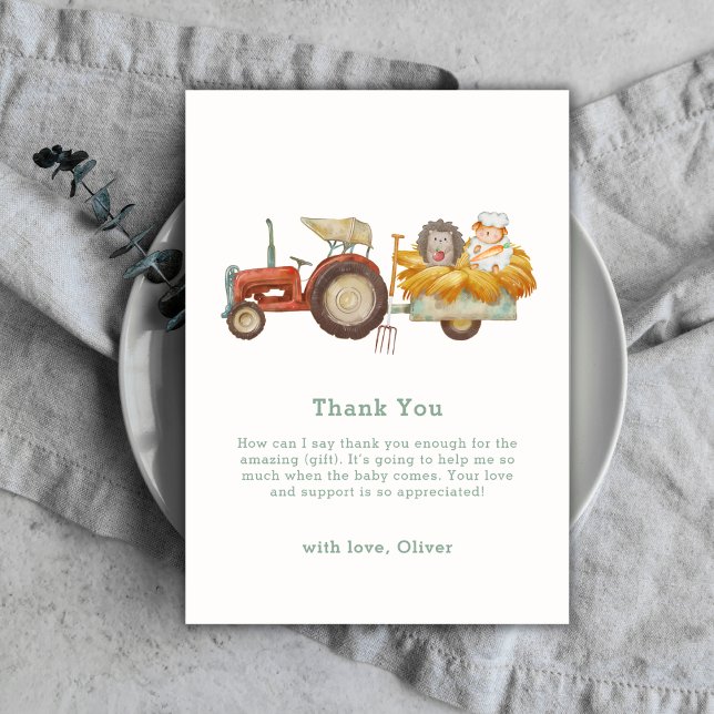 Niedlicher Whimsical Igel Farm Traktor Babydusche Dankeskarte (Cute Whimsical Hedgehog Farm Tractor Baby Shower Thank You Card)