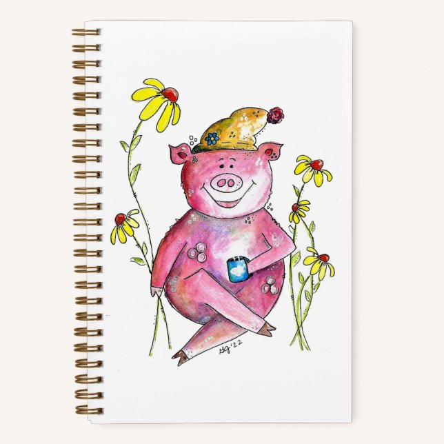 Niedlicher Whimsical Pig Drink Kaffee Notizbuch (Vorderseite)