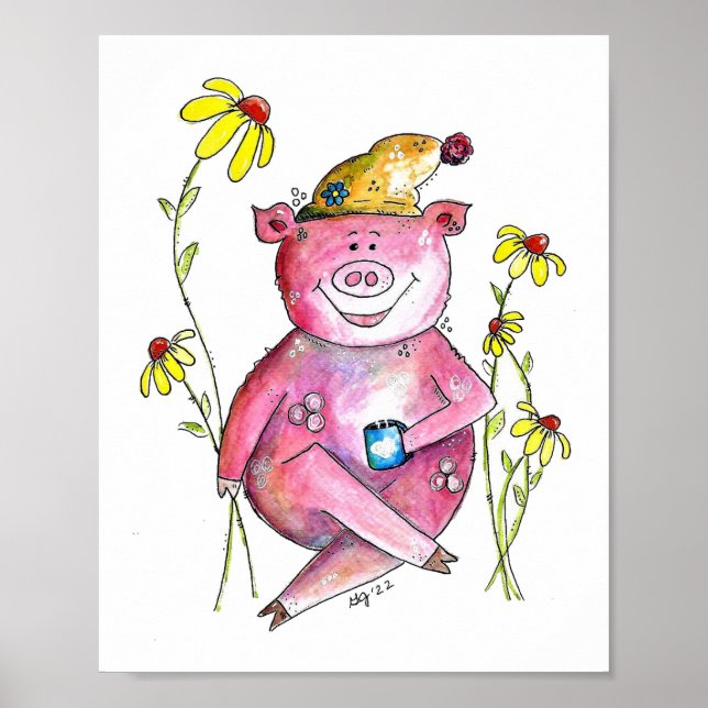 Niedlicher Whimsical Pig Drink Kaffee Poster (Vorne)