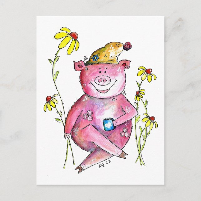 Niedlicher Whimsical Pig Drink Kaffee Postkarte (Vorderseite)