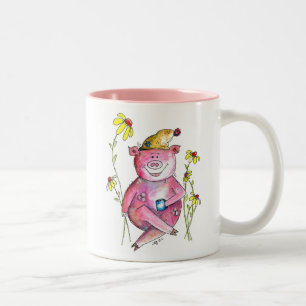 Niedlicher Whimsical Pig Drink Kaffee Zweifarbige Tasse