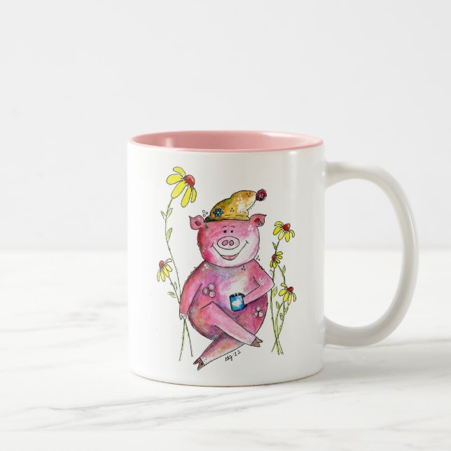 Niedlicher Whimsical Pig Drink Kaffee Zweifarbige Tasse (Rechts)