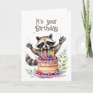 Niedlicher Whimsical Raccoon Geburtstag essen Sie  Feiertagskarte