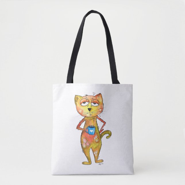 Niedlicher Whimsical Tired Cat Drink Kaffee (Vorderseite)
