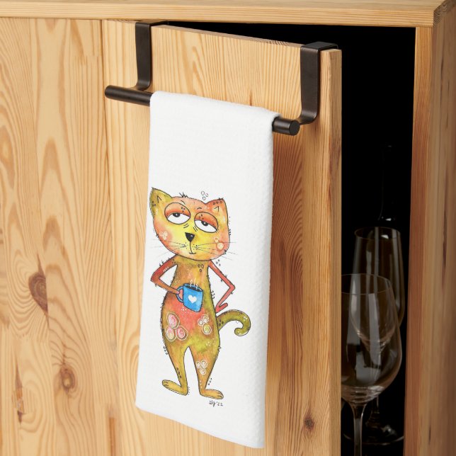 Niedlicher Whimsical Tired Cat Drink Kaffee Geschirrtuch (Drittel gefaltet)
