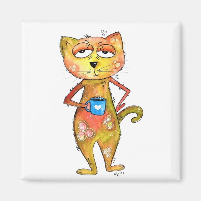 Niedlicher Whimsical Tired Cat Drink Kaffee Magnet (Vorne)