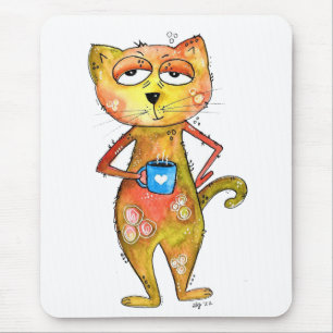Niedlicher Whimsical Tired Cat Drink Kaffee Mousepad
