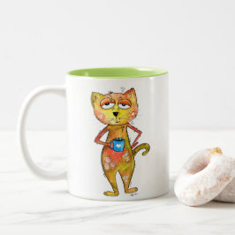 Niedlicher Whimsical Tired Cat Drink Kaffee Zweifarbige Tasse