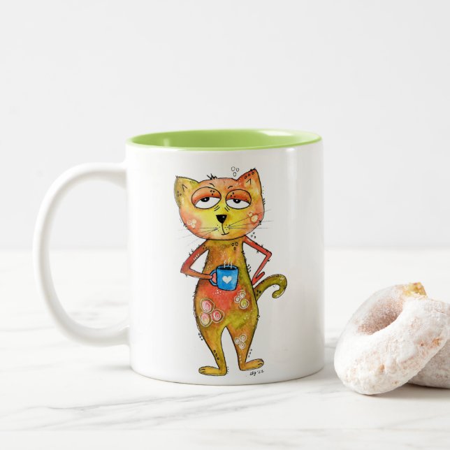 Niedlicher Whimsical Tired Cat Drink Kaffee Zweifarbige Tasse (Mit Donut)