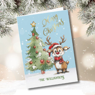 Niedlicher Whimsical Watercolor Rentier Weihnachts Karte