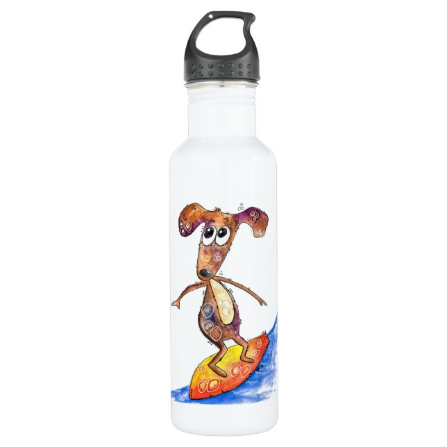 Niedlicher Whimsikaler Hund auf der Surfboard Edelstahlflasche (Vorderseite)