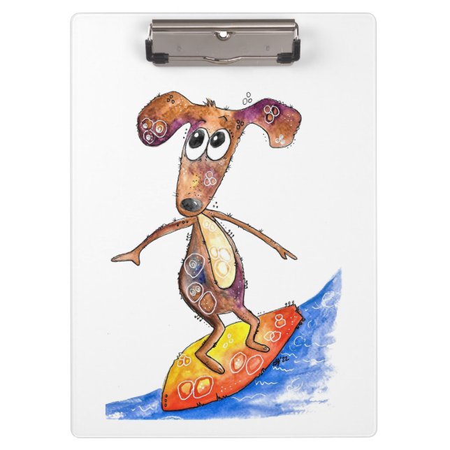 Niedlicher Whimsikaler Hund auf der Surfboard Klemmbrett (Vorderseite)