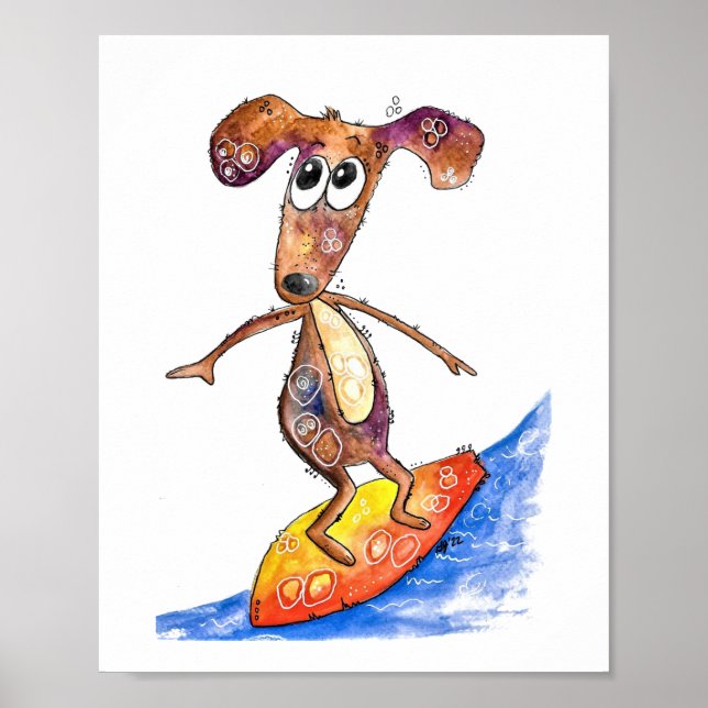 Niedlicher Whimsikaler Hund auf der Surfboard Poster (Vorne)