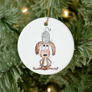 Niedlicher Whimsikaler Hund mit Katze auf seinem K Keramik Ornament