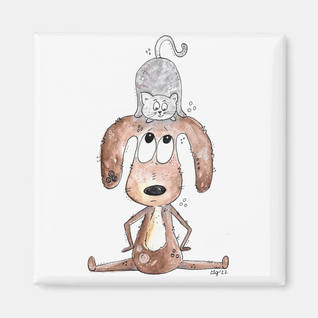 Niedlicher Whimsikaler Hund mit Katze auf seinem K Magnet (Vorne)