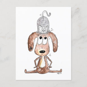 Niedlicher Whimsikaler Hund mit Katze auf seinem K Postkarte