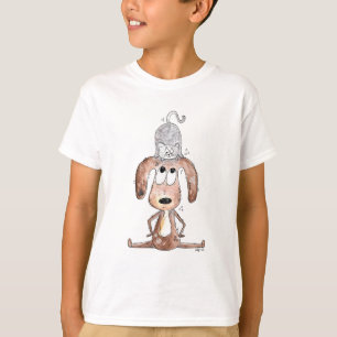 Niedlicher Whimsikaler Hund mit Katze auf seinem K T-Shirt