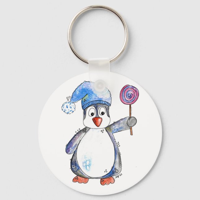 Niedlicher Whimsikaler Pinguin mit Lollipop Schlüsselanhänger (Vorderseite)