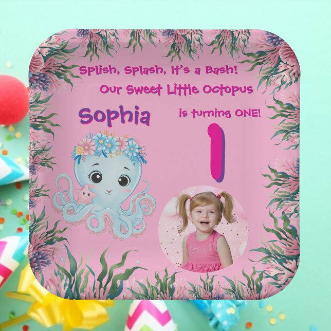 Niedlicher Whimsischer Floral Octopus Girly Birthd Pappteller (Von Creator hochgeladen)