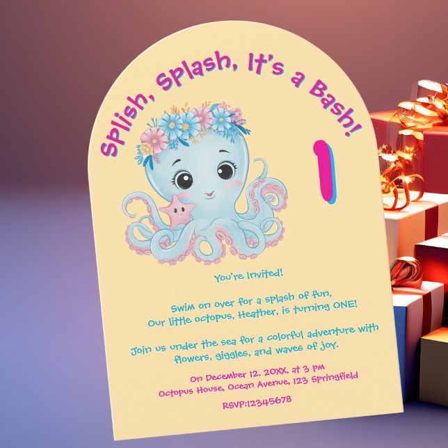 Niedlicher Whimsischer Floral Octopus Girly Kinder Einladung (Von Creator hochgeladen)