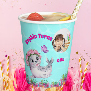 Niedlicher Whimsischer Seelöwe Foto Geburtstag Pappbecher