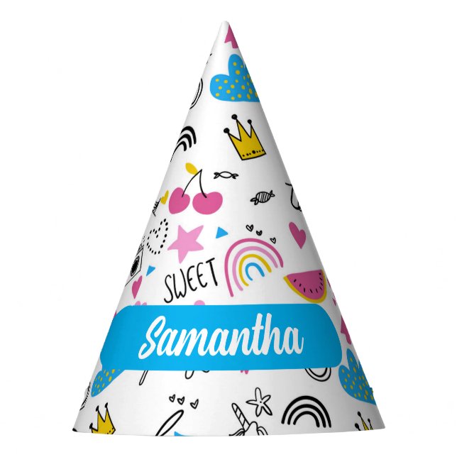 Niedlicher Whimsischer Vorname Unicorn Regenbogenm Partyhütchen (Vorderseite)