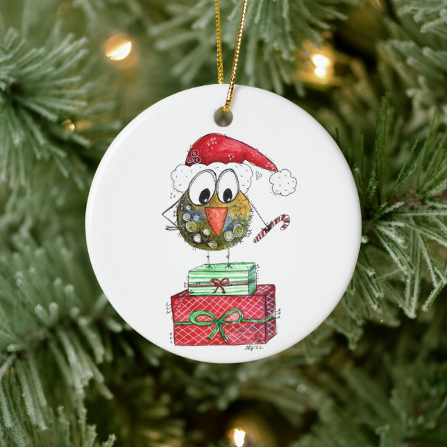 Niedlicher Whimsischer Weihnachtsbird Keramik Ornament (Baum)