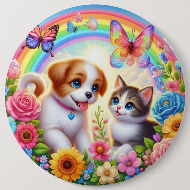 Niedlicher/whimsischer Welpe/Kätzchen Regenbogen Button (Vorderseite)