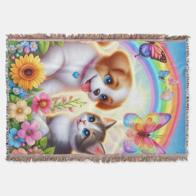 Niedlicher/whimsischer Welpe/Kätzchen Regenbogen Decke (Vorderseite)