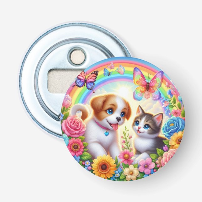 Niedlicher/whimsischer Welpe/Kätzchen Regenbogen Flaschenöffner (Vorderseite)