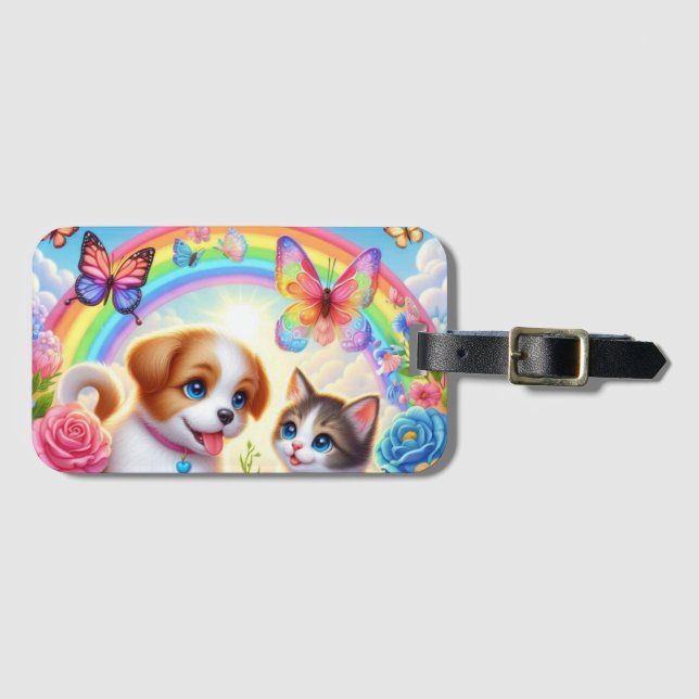 Niedlicher/whimsischer Welpe/Kätzchen Regenbogen Gepäckanhänger (Vorderseite (Horizontal))