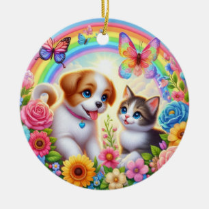 Niedlicher/whimsischer Welpe/Kätzchen Regenbogen Keramik Ornament