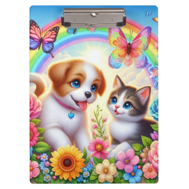 Niedlicher/whimsischer Welpe/Kätzchen Regenbogen Klemmbrett (Vorderseite)