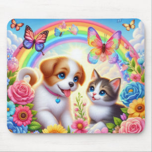 Niedlicher/whimsischer Welpe/Kätzchen Regenbogen Mousepad