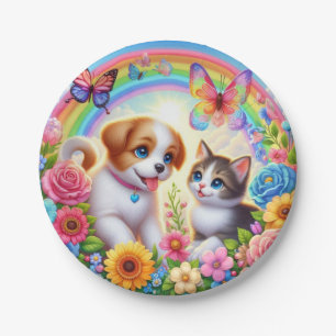Niedlicher/whimsischer Welpe/Kätzchen Regenbogen Pappteller