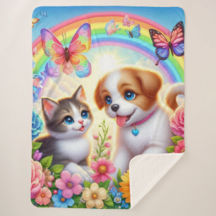 Niedlicher/whimsischer Welpe/Kätzchen Regenbogen Sherpadecke