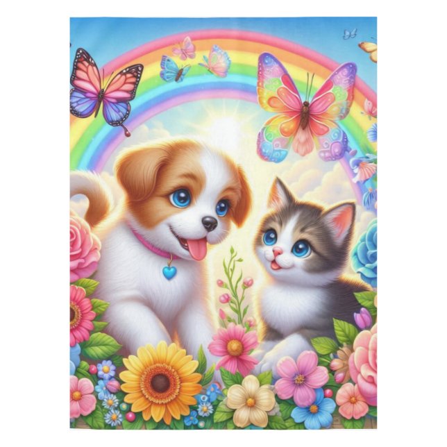 Niedlicher/whimsischer Welpe/Kätzchen Regenbogen Tischdecke (Vorderseite)