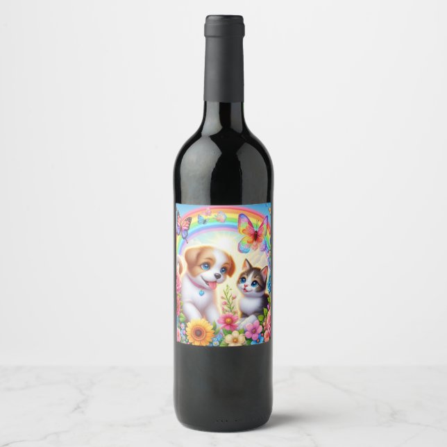 Niedlicher/whimsischer Welpe/Kätzchen Regenbogen Weinetikett (Vorderseite)