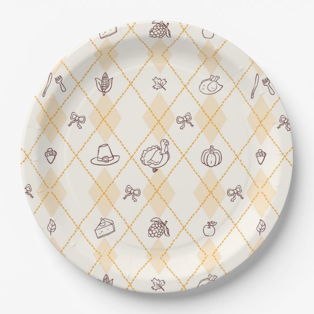 Niedlicher Whimsy-Erntedank Doodles Diamond-Muster Pappteller (Vorderseite)
