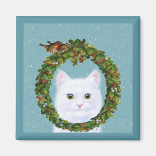 Niedlicher White Cat Birds Weihnachtsschneemagnet Magnet