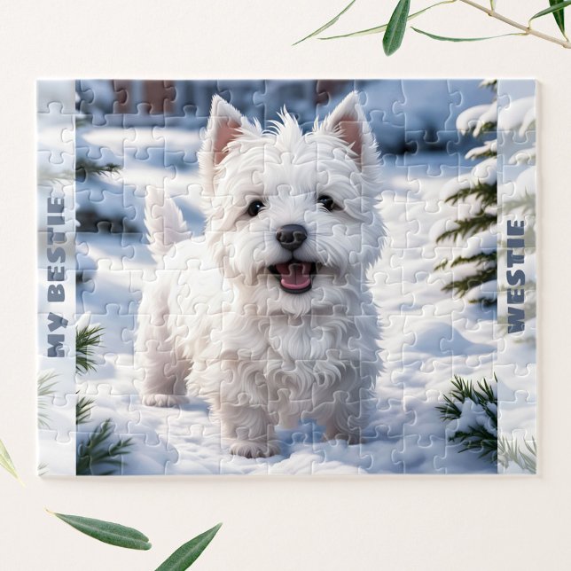 Niedlicher White Dog Westie Winter Snow Individuel Puzzle (Cute White Dog Westie Winter Snow Custom Name Jigsaw Puzzle)