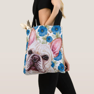 Niedlicher White French Bulldog auf Blauem Blume-M
