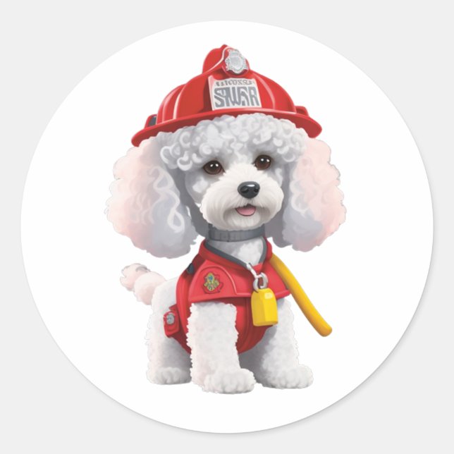 Niedlicher White Poodle Feuerwehraufkleber Runder Aufkleber (Vorderseite)