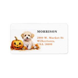 Niedlicher White Yorkie Hund mit Pumpkin Adressaufkleber