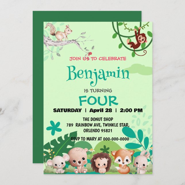 niedlicher Wildsafari-Zoo-Dschungel Geburtstag Einladung (Vorne/Hinten)