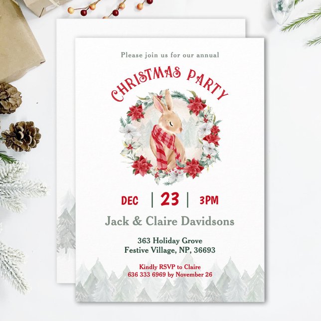 Niedlicher Winter Bunny Poinsettia Weihnachtsfest  Einladung (Cute Winter Bunny Poinsettia Christmas Party Invitation)
