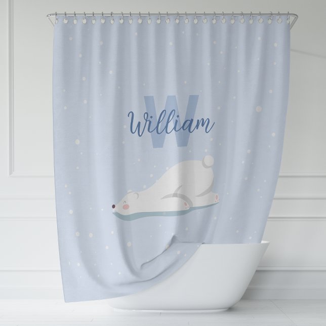 Niedlicher Winter-Polarbär Individuelle Name Kinde Duschvorhang (Cute Winter Polar Bear Custom Name Nursery Decor Shower Curtain)